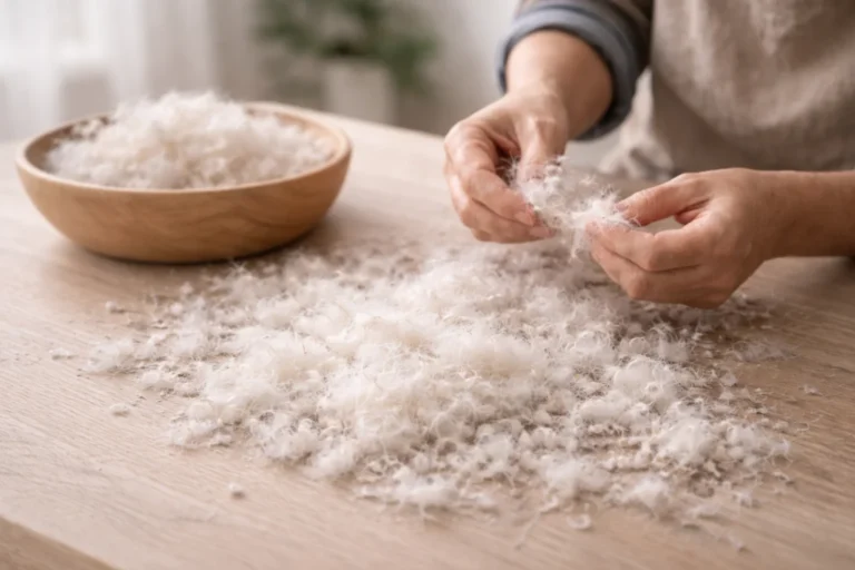 woman sorting goose down and feathers