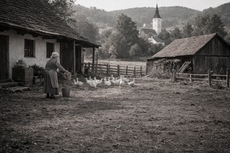 old woman feeding goose down in the Hungarian countryside